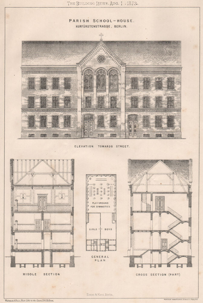 Parish Schoolhouse, Kurfürstenstrasse, Berlin 1873 old antique print picture